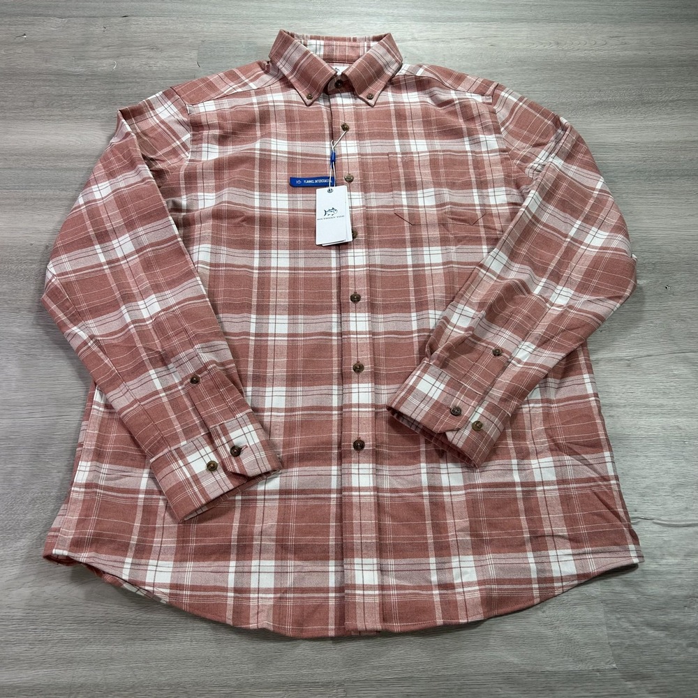 NEW Southern Tide Shirt Mens Medium Heather Dusty Coral Plaid Flannel Stretch UV